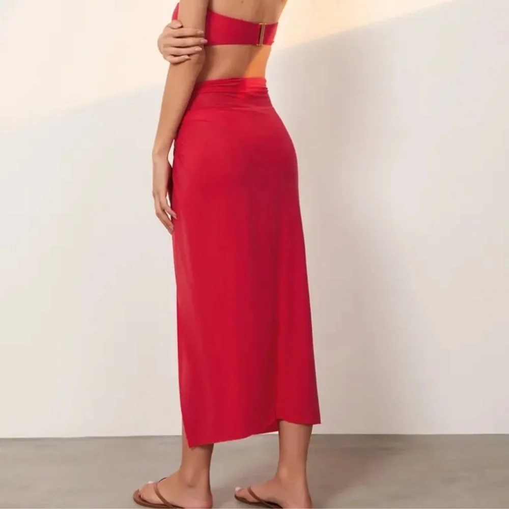 New ViX Karen Twist Pull-On Solid Red Midi Swim Beach Pareo Cover-Up Skirt Med
